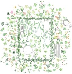 an overhead view of a garden with flowers and plants