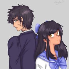 two anime characters one is wearing a blue bow tie and the other has black hair