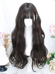 The price is for a wig only, others are not included. Hair Color:BrownHair Length:LongWig Bangs:Air Bangs / Wispy BangsWig Details:Heat-resistant Synthetic Fiber / Natural Top / Net Closed Wefted Cap Construction / WavyGarment Size SizeFree SizeHair Length60-65 Wigs Long Hair, Korean Wavy Hair Tutorial, Wavy Long Hair With Bangs, Korean Wigs, Korean Wavy Hair, Blue Ombre Wig, Bangs Wispy, Black Wig With Bangs, Korean Long Hair