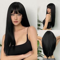 ad eBay - Black Long Straight Synthetic Wigs With Bangs Daily Natural Hair Wig for Women - Buy Now, click the link (eBay) Long Hair Full Bangs, Thick Full Bangs, Thick Bangs Hairstyle, Long Black Hair With Bangs Straight, Long Hair With Bangs Straight, Long Black Hair Bangs, 2000s Side Bangs, Black Long Hair With Bangs, Straight Bangs With Long Hair