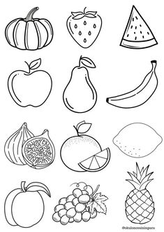 fruits and vegetables coloring pages for kids to print out on the table, including apples, bananas