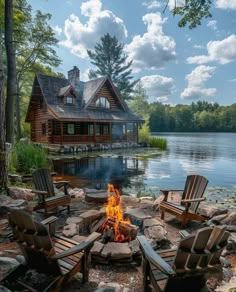 a fire pit with chairs around it in front of a cabin on the water's edge