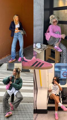 Outfit Inspiration Casual Bold Outfits, Pink Platform Shoes Outfit, Samba Gazelle Outfits, Adidas Trainers Outfit Women, Gazelle Adidas Outfit Summer, Outfit With Gazelle Adidas, Colorful Tennis Shoes Outfit, Styling Pink Sneakers Outfit, Girly Sneakers Outfit