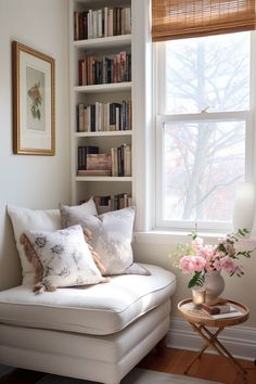 a white couch sitting in front of a window next to a book shelf filled with books