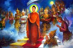 the buddha is walking up some steps with many other people in the sky behind him