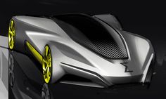 an artistic rendering of a futuristic car in grey and yellow colors, with its hood down