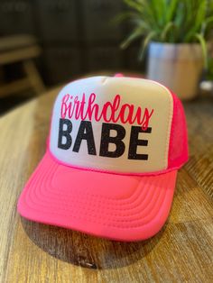 Lets get the party started with a BIRTHDAY BABE Trucker Hat! Details: 5 Panel hat with mesh back panels and an adjustable snap back. Fun Party Snapback Baseball Cap, Fun Snapback Baseball Cap For Parties, Summer Party Trucker Hat, Pink Mini Baseball Cap For Parties, Pink Baseball Cap Mini Hats For Party, Fun Summer Party Trucker Hat, Casual White Trucker Hat For Party, Pink Snapback Baseball Cap For Party, Summer Party Snapback Hat