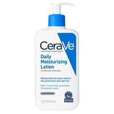 For Normal to Dry Skin. Moisturizes & Helps Restore the Protective Skin Barrier. With 3 Essential Coramides & Hyaluronic Acid. Lightweight. Fragrance Free. Developed with dermatologists, CeraVe Daily Moisturizing Lotion has a unique, lightweight formula that provides 24-hour hydration.  Key Ingredients:. Ceramides 1, 3, 6-II - help restore the protective skin barrier. Hyaluronic Acid - helps retain skin's natural moisture. Benefits:. Oil-free. Non-comedogenic. Fragrance-free. Gentle Cerave Daily Moisturizing Lotion, Cerave Moisturizer, Cerave Moisturizing Lotion, Dry Skin Body Lotion, Daily Moisturizing Lotion, Best Lotion, Lotion For Dry Skin, Moisturizer For Oily Skin, Moisturizing Lotion