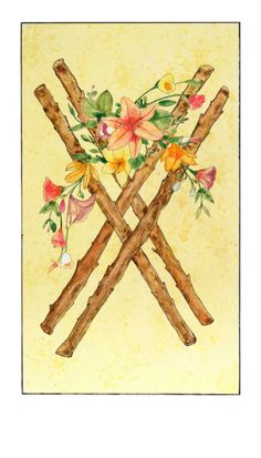 a painting of sticks with flowers on them