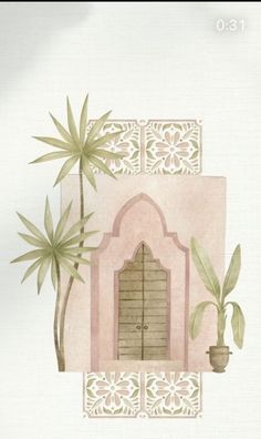 a painting of a doorway with plants and potted plants on the outside, in front of a white background