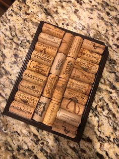 a box of wine corks sitting on top of a counter