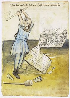 a drawing of a man holding a hammer over a pile of rubble