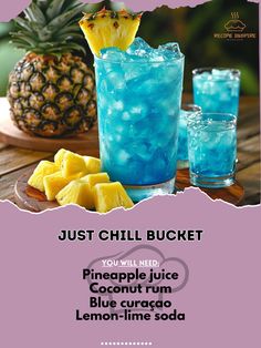 a flyer with pineapples and blue cucumber in front of two glasses