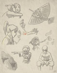 some sketches of people and their umbrellas in various poses, with one person pointing at something