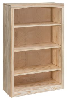 a wooden bookcase with three shelves and no doors on the bottom shelf, in front of a white background