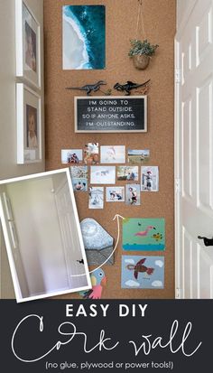 a cork board with pictures and magnets on it