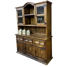 an old wooden hutch with glass doors and drawers on the front, isolated against a white background