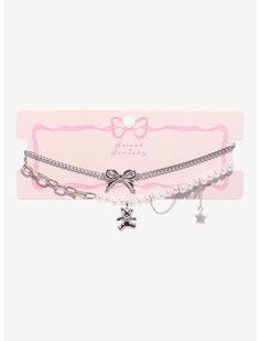 Sweet Society Teddy Bear Bow Pearl Choker Necklace Set | Hot Topic Cute Silver Choker Jewelry, Teddy Bear Jewelry, Girly Wardrobe, Bear Accessories, Necklaces Pink, Animal Sewing Patterns, Acrylic Set, A Teddy Bear, Detailed Jewelry