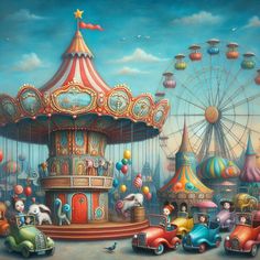 a painting of an amusement park with cars and clowns on the ride, including a ferris wheel