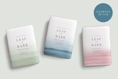 three soap bars with the words, leave or bark on them in different colors and sizes