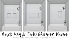 three white bathroom stalls with the words back wall tub shower niche