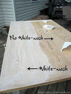 a wooden table with white wash on it and the words no whine - wash written in black