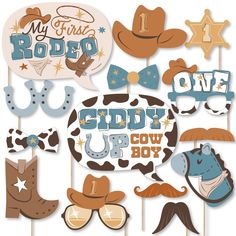 cowboy photo booth props and decorations for a baby shower or birthday party, set of 12