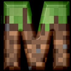 the letter m is made up of small squares and rectangles in brown and green