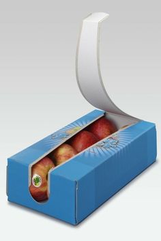 an open blue box with some apples in it