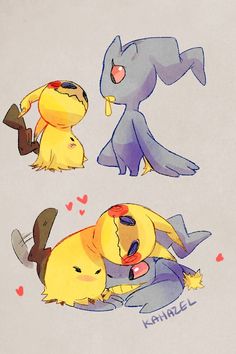 some very cute pokemons with different expressions on their faces and body colors, one is hugging the other