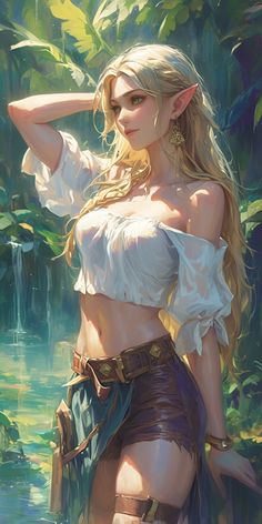 a painting of a woman with long blonde hair standing in front of a waterfall wearing a white top and brown skirt