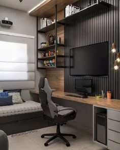 a room with a desk, chair and television on the wall in it's corner