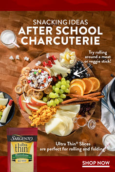 an advertisement for snacking ideas after school charcuterie, with fruit and crackers