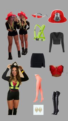 a collage of various costumes and accessories including boots, stockings, hats, bras