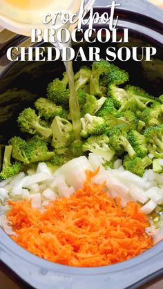 broccoli and shredded carrots in a crockpot with text overlay