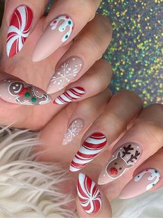 Christmas Candy Cane Press-on Nails Reindeer & Gingerbread Nail Art Festive Long Almond Nails C59 - Etsy Winter Nails Diy, Chic Christmas Nails, Art Nails Design, Confetti Nails, Christmas Gel