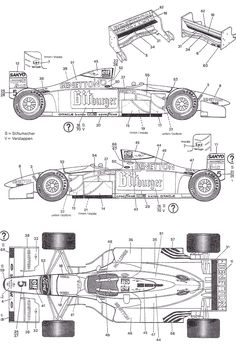 a drawing of a race car and its parts