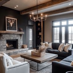 a living room with two couches and a fire place in it's center