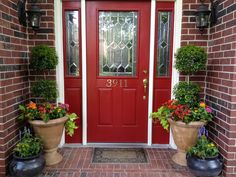 red front door with potted plants on either side and the number 31 above it