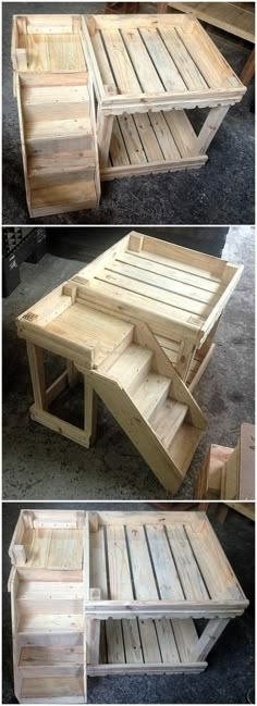 three different views of a coffee table made out of pallets