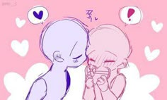 two cartoon characters are kissing each other with hearts floating around the image is pink and blue