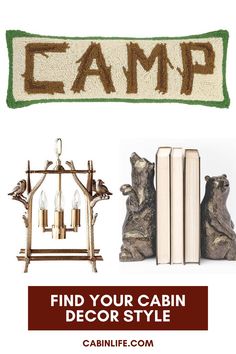 a lamp and some books on a table with the words camp written in brown ink