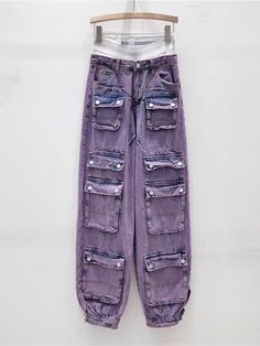 Fabric Denim Purple Baggy Straight Leg Pants, Purple Straight Leg Cargo Pants With Pockets, Purple Straight Leg Bottoms With Cargo Pockets, Streetwear Purple Pants With Pockets, Baggy Straight Leg Purple Jeans, Purple Straight Leg Pants With Cargo Pockets, Purple Streetwear Pants With Pockets, Baggy Purple Straight Leg Jeans, Purple Baggy Straight Leg Jeans