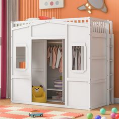 a child's bedroom with a white doll house