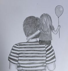 a pencil drawing of two people holding balloons