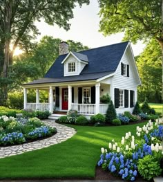 a white house surrounded by blue and white flowers