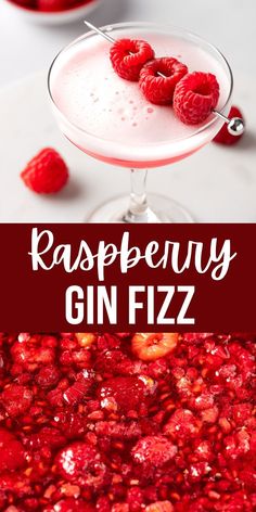 raspberry gin fizz is served in a martini glass and garnished with fresh raspberries