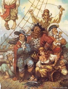 an image of a group of people on the deck of a ship with pirate characters