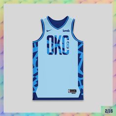 a basketball jersey with the word okc printed on it in blue and white, against a multicolored background