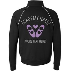 a black jacket with purple shoes on it and the words, academy name is more text here